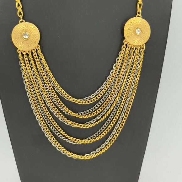 Vintage Multi Strand Festoon Gold Silver Chain Necklace Ornate Discs Hearts - Picture 5 of 14